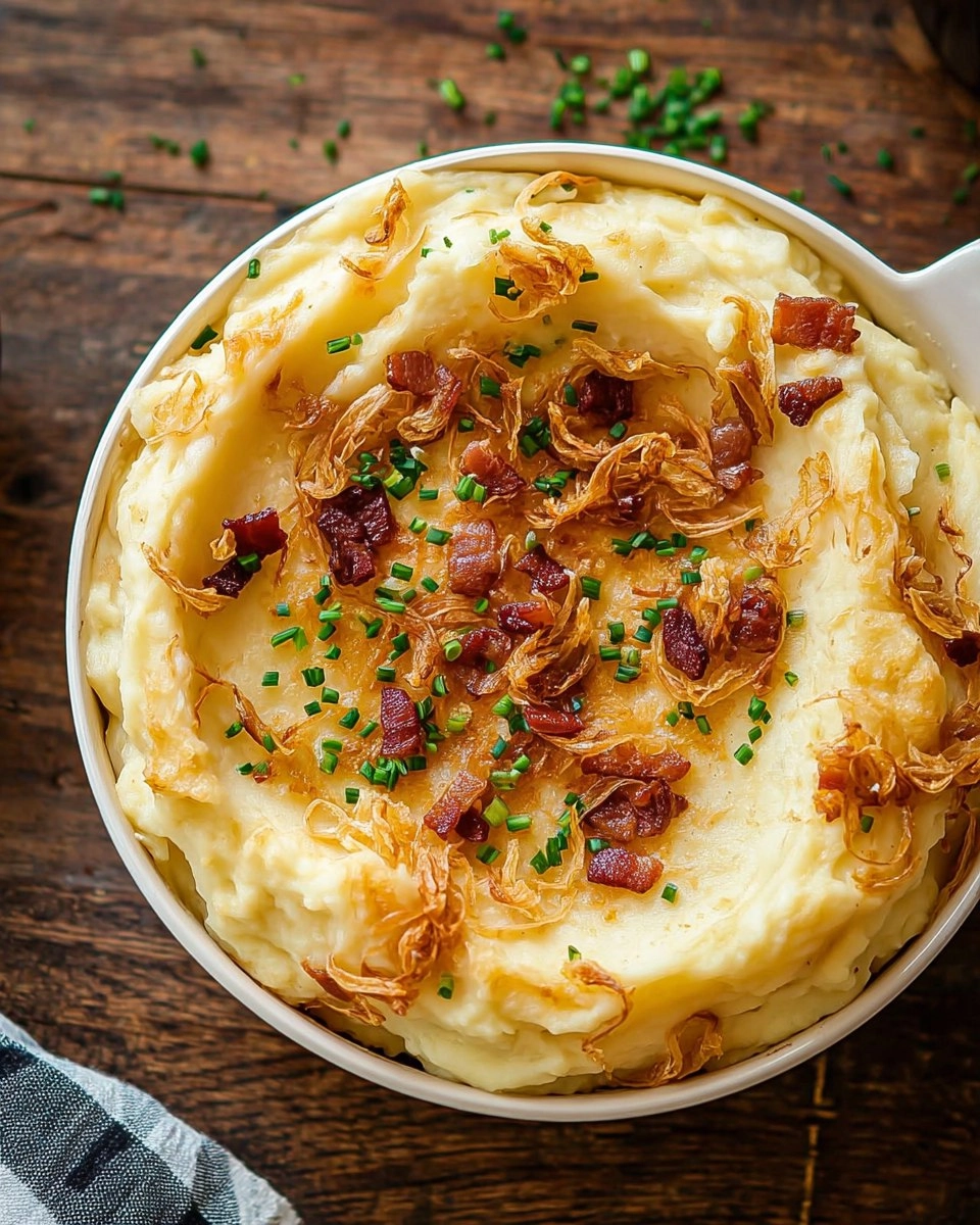 Cheesy Loaded Mashed Potatoes with Crispy Shallots and Pancetta
