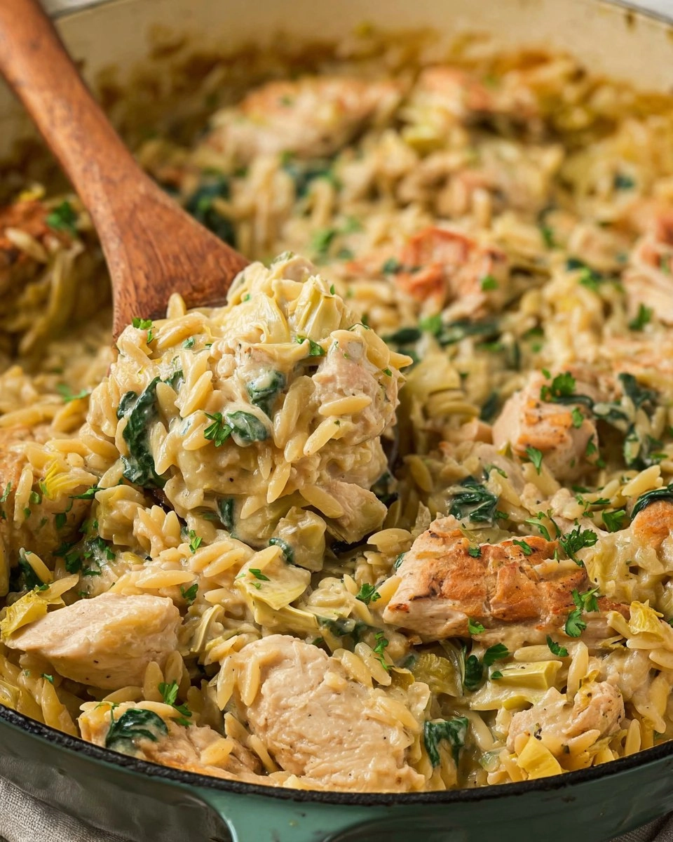 One Pan Spinach Artichoke Chicken Orzo