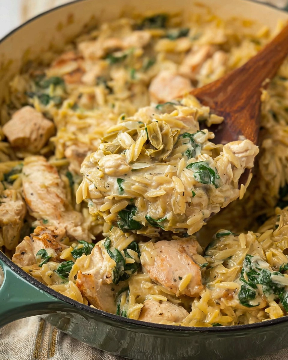 One Pan Spinach Artichoke Chicken Orzo