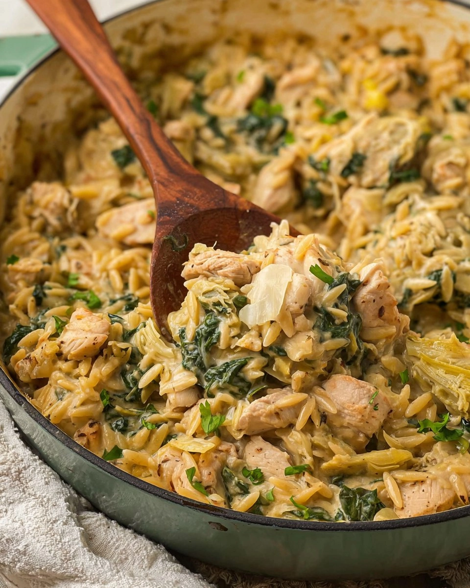 One Pan Spinach Artichoke Chicken Orzo