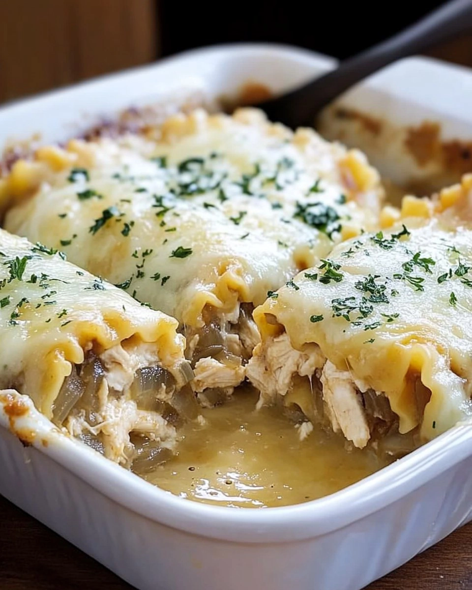 French Onion Chicken Lasagna Rollups 