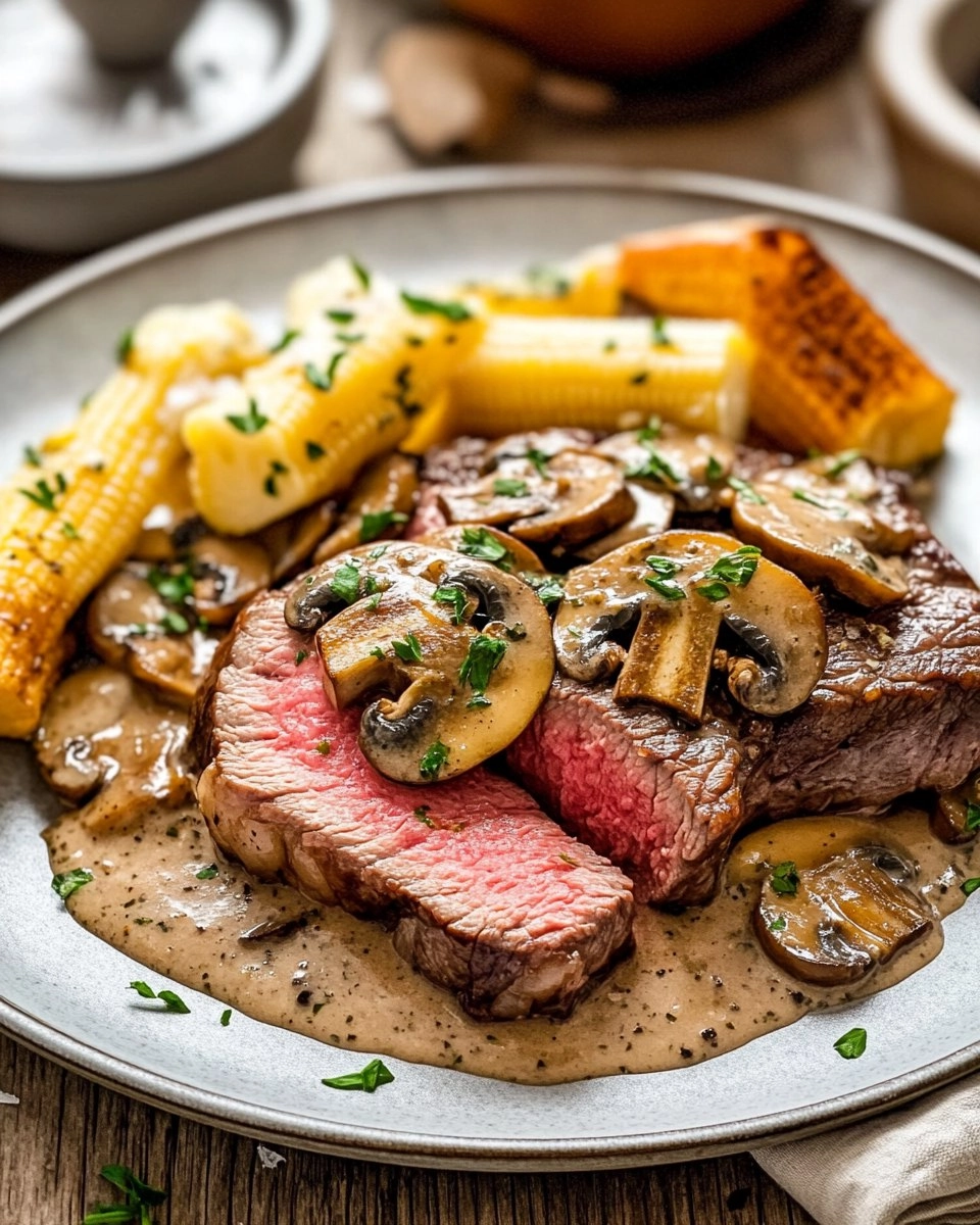 Pink Roasted Steak with Mushroom Sauce 115 Pink Roasted Steak with Mushroom Sauce