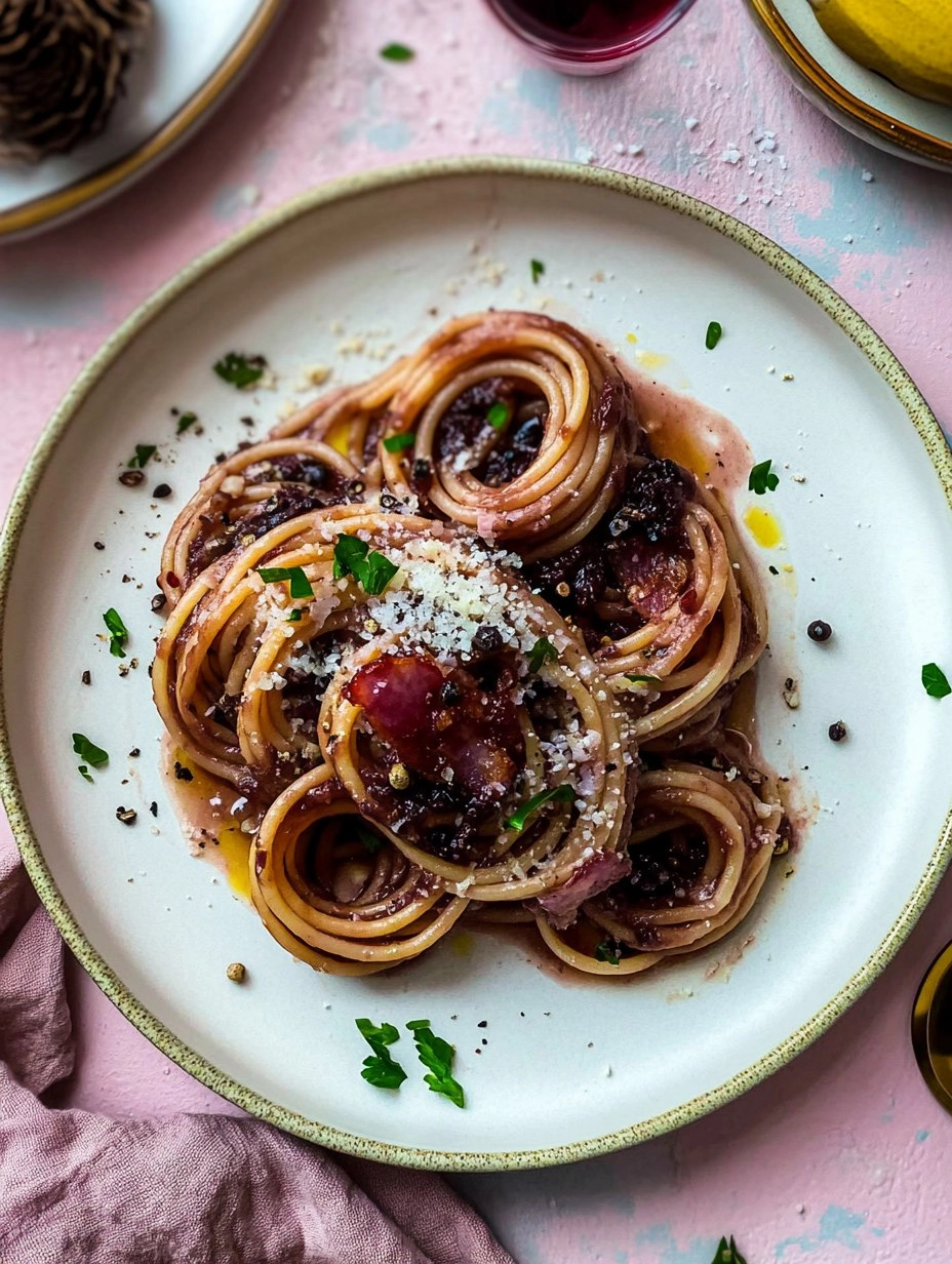 Red Wine Bucatini with Pancetta