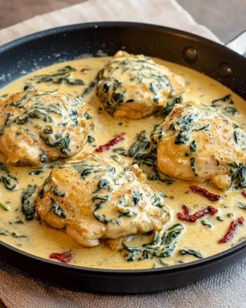 One-Pan-Creamy-Tuscan-Chicken-Thighs-with-Spinach-Sun-Dried-Tomatoes-Recipe