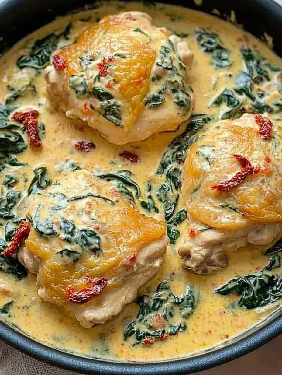 One-Pan Creamy Tuscan Chicken Thighs with Spinach & Sun-Dried Tomatoes