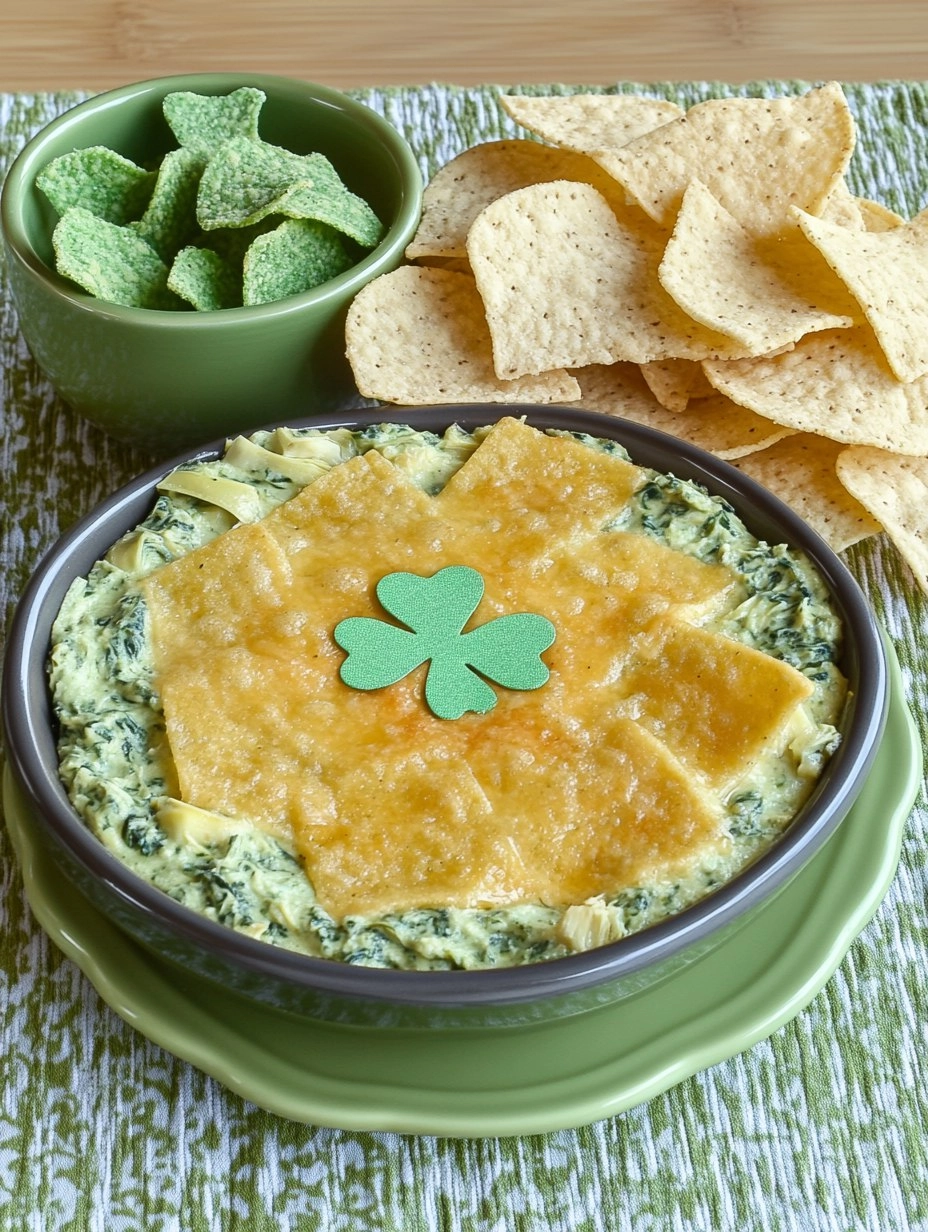 Shamrock Spinach Artichoke Dip with Green Tortilla Chips